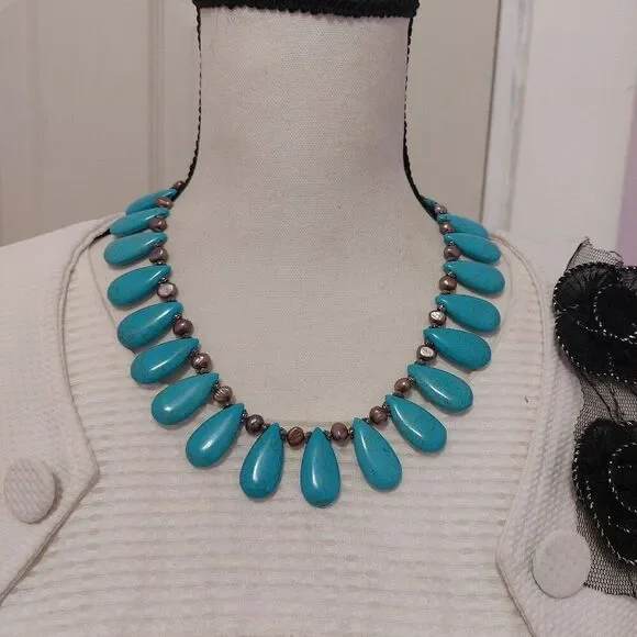 SOLD Teardrop Howlite Turquoise Purple Freshwater Pearl Fringed Collar Necklace - Picture 1 of 7